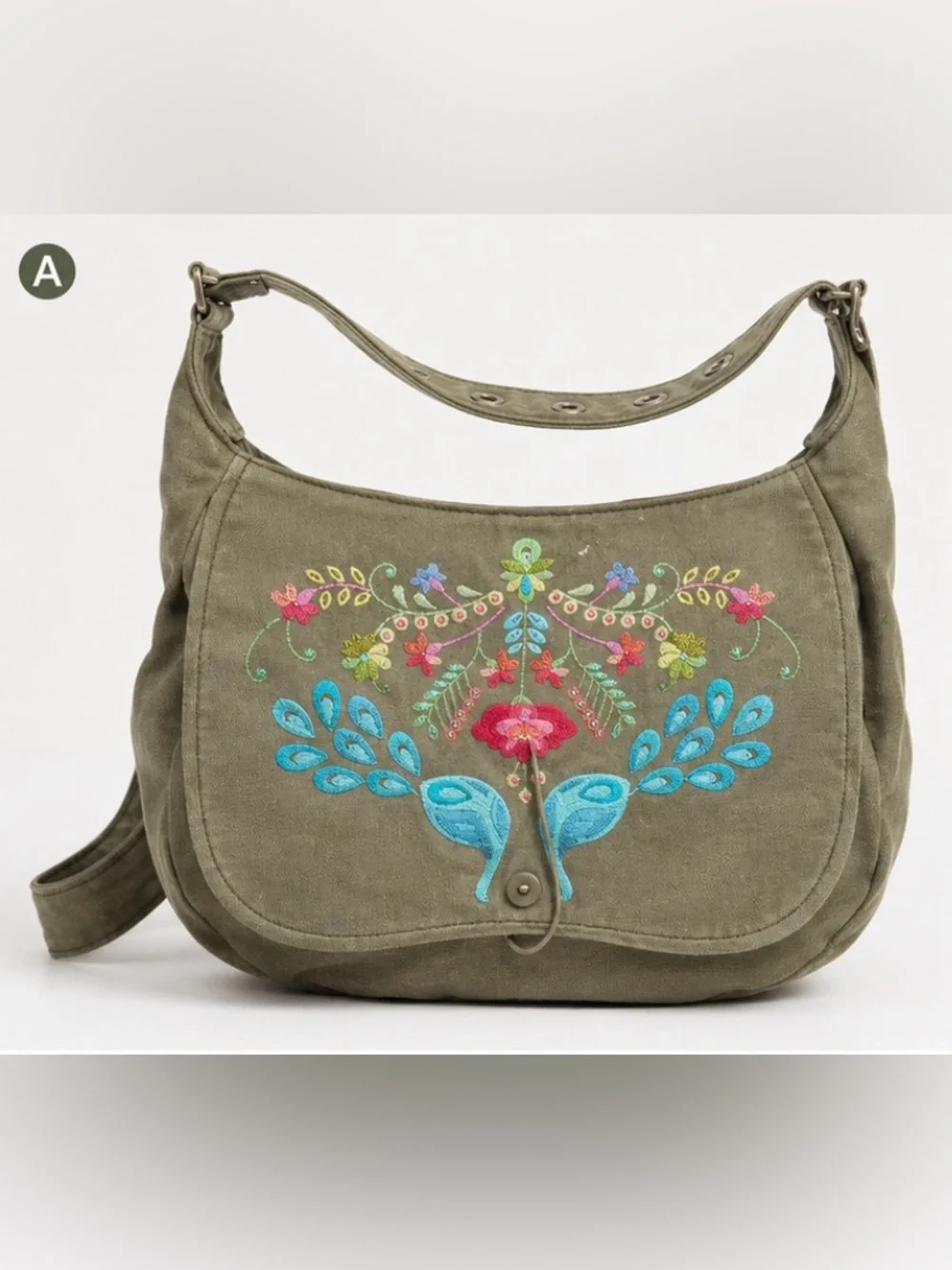 Serena & Lily Olive Green Embroidered Shoulder Bag with Blue Accents